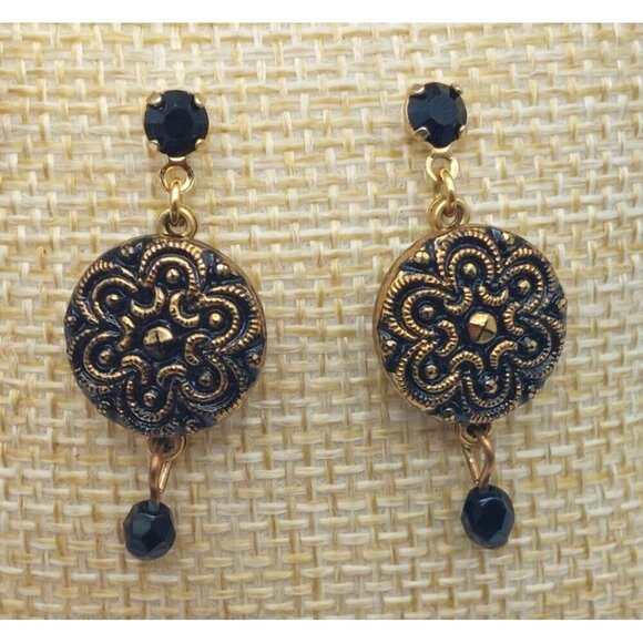Beautiful Dainty Gold Tone & Black Drop Dangle Earrings Beaded Unique Pierced - Picture 3 of 5